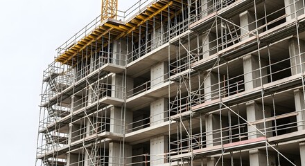 Concrete building under construction featuring scaffolding and a yellow crane against a cloudy sky. Details include unfinished floors and structural elements