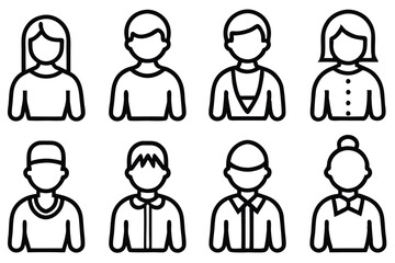 Simple black and white icons representing various people in line art styles
