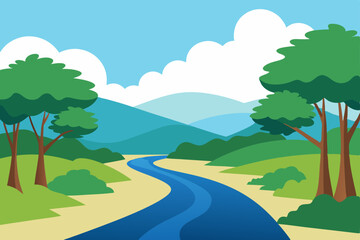 Obraz premium Green summer landscape with a winding road through a forest leading to a blue sky horizon