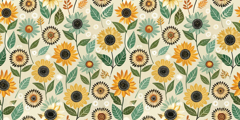 Vibrant floral pattern featuring sunflowers in yellow and green tones.