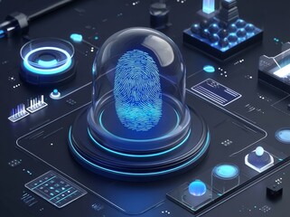 Fingerprint enclosed in a dome on a futuristic technological interface