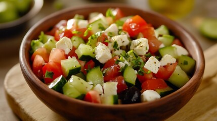 Fresh and vibrant Greek salad served in a rustic wooden bowl close-up