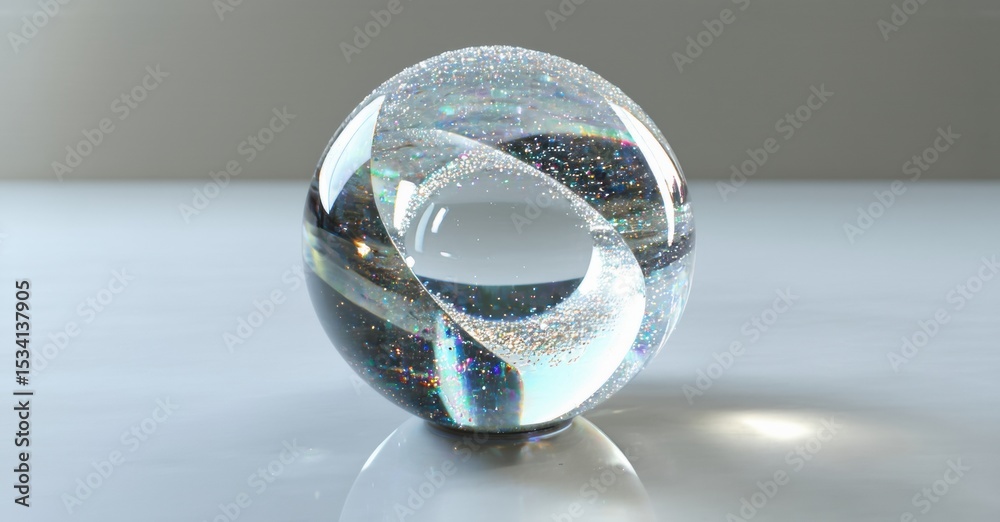 Poster clear glass sphere displays internal swirling ribbon. light reflects, creating sparkle, shadow. simp