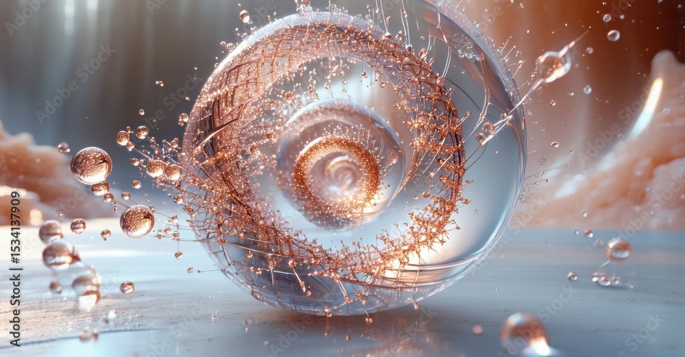 Poster abstract sphere, swirling particles, liquid motion. orange hues blend with cool tones, creating dyna