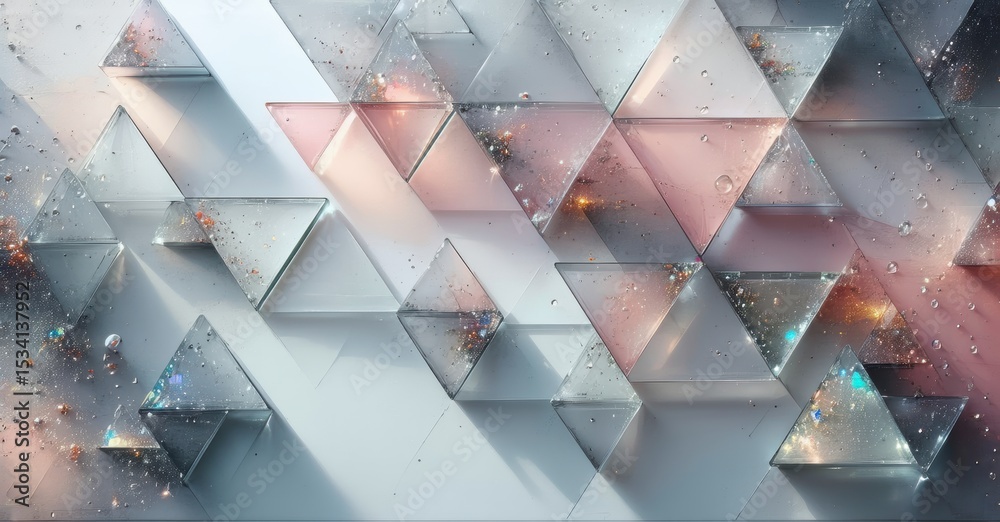 Poster Abstract geometric pattern. Silver, pink triangles create textured wall. Light reflects, sparkles within shapes. Modern design.