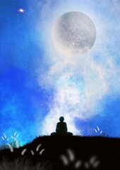 Silhouette of a man meditating in a grass field under a full moon night sky. Illustration drawn on a tablet for background.