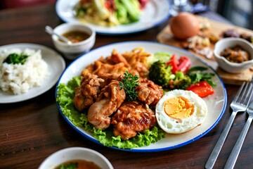 clean food , Fried chicken ,Broccoli vegetable , egg and rice