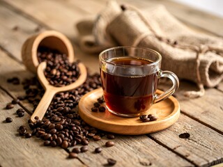 A Coffee cup and coffee beans on wooden panel - With copy space,concept for Coffee and Aroma refreshing