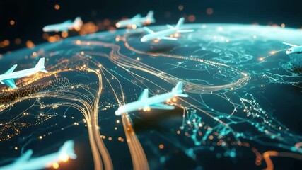 Aerial view of a digital globe with illuminated flight paths and airplanes in motion. The scene represents global travel and connectivity. - Powered by Adobe