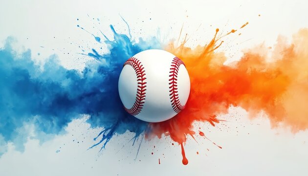 Baseball illustration with dynamic splash effect in blue, orange colors. Baseball ball main object. Perfect image for baseball competition sport events promotion, design, games, league, team,