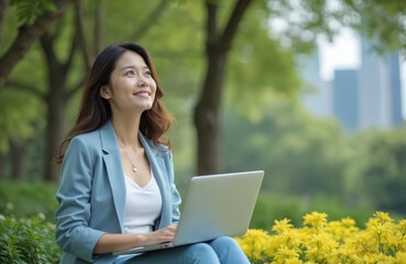 Smiling Asian businesswoman uses laptop outdoors. Attractive woman in park working on computer. Happy female employee on remote work in urban green space. Technology, modern lifestyle, business,