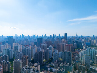 Fototapeta premium Aerial view of Shanghai skyscraper in downtown with blue sky background.