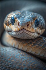 Close-up portrait of a non-venomous snake with blue eyes and a calm gaze, showing its unique scale pattern and curious expression in high detail .