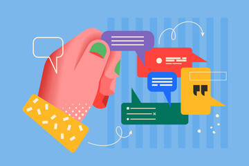 Modern creative concept for review, quote, comments and client feedback with hand design . Business vector illustration for social media, banner or presentation template