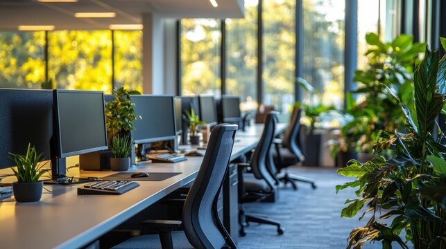 
Espacio de trabajo de oficina flexible y moderno, con equipamiento interior, filas de escritorios, sillas, luces T5, estaciones de computadora y pantallas.