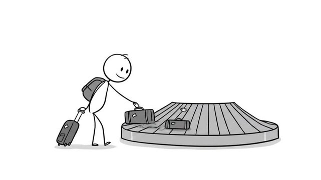 Stick figure collecting luggage from baggage carousel
