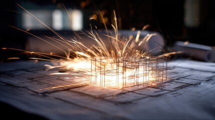 Fireworksstyle welding over modern architecture blueprint