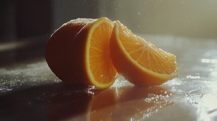 Vibrant orange citrus fruit halves adorned with sparkling droplets of water