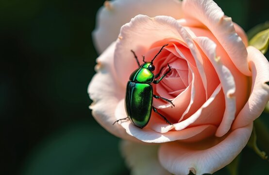 Green June beetle Cotinis nitida on pink rose. Macro photo of insect, beetle, floral bloom with petals. Nature wildlife, flora and fauna summer garden. Botanical illustration.