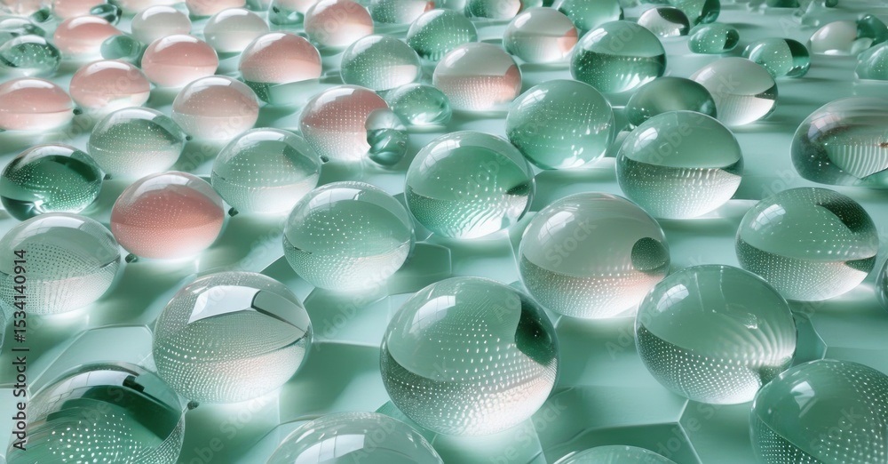 Poster numerous translucent spheres fill frame. soft lighting creates gentle reflections, subtle color vari