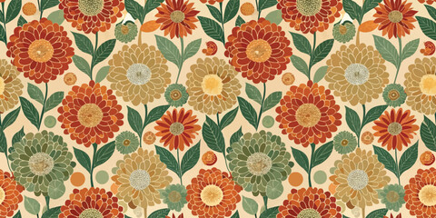 A vibrant floral pattern featuring a mix of orange, green, and cream blooms.