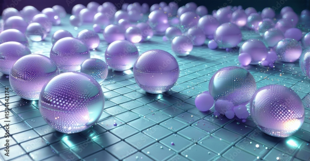 Poster purple spheres rest upon tiled surface. light reflects, creating vibrant, futuristic scene. depth ex