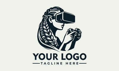 Intrigued woman with long braids wearing a virtual reality headset and holding a game controller with attached microphones. Immersive gaming concept