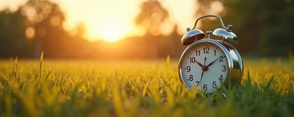 Classic alarm clock on grass at sunset. Daylight saving time concept. Time change, spring forward symbol. Summer, sunrise, springtime, annual event, transition from winter to summer. Timekeeping