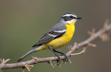 Citrine wagtail perched on branch. Yellow, grey, black bird has nice plumage. Small songbird from Motacillidae family. Nature wildlife photo on tree branch. Sunny spring day outdoors, avian fauna.