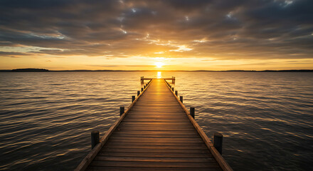 Obraz premium Scenic Dock View with Glowing Sunset Horizon