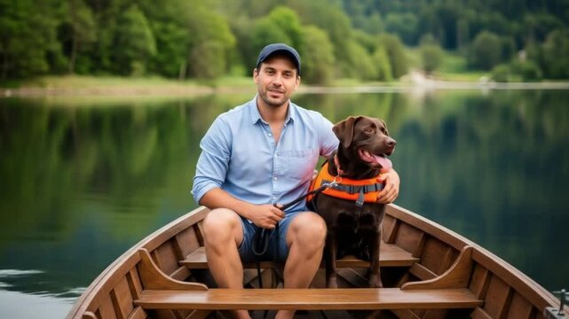 Man and dog boating on lake enjoying summer travel adventure - Powered by Adobe