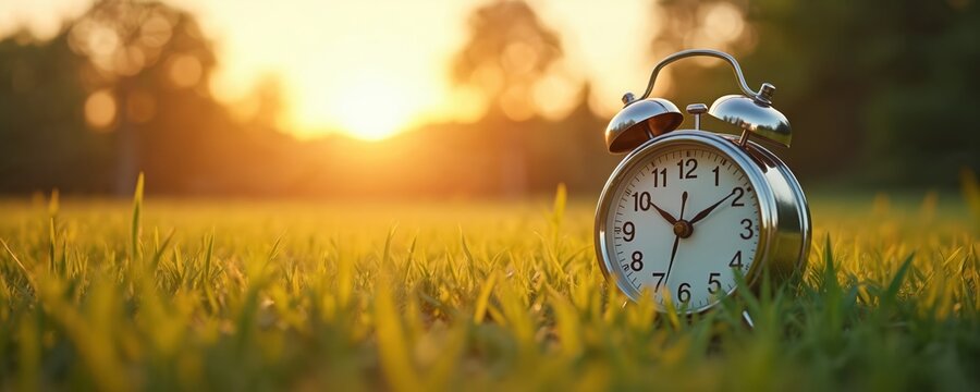 Classic alarm clock on grass at sunset. Daylight saving time concept. Time change, spring forward symbol. Summer, sunrise, springtime, annual event, transition from winter to summer. Timekeeping