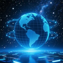 Naklejka premium Digital Earth with Interconnected Rings and Circuitry Under a Starry Sky