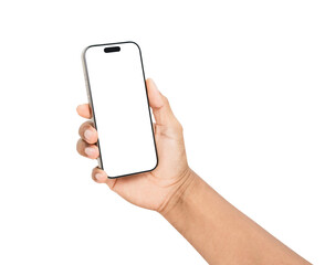 Hand holding the black smartphone with mockup of blank screen on isolated white background.
