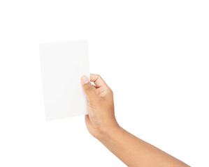 Fototapeta premium Hand holding blank paper label and mockup for design advertising on isolated white background