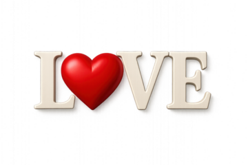 Heart-shaped red balloons with the word 'LOVE' patterned in pastel colors, isolated on transparent background.