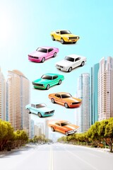 Colorful Retro Cars Flying Over City Skyline