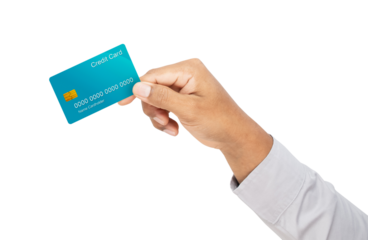 Businessman hand holding credit card on isolated white background.
