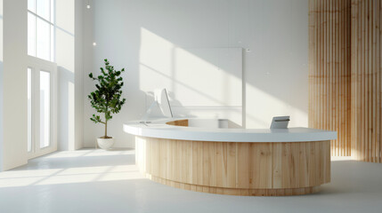 Modern minimalist reception area with white walls, curved wooden desk, large window, and plant, bathed in natural light for a bright and inviting atmosphere. 