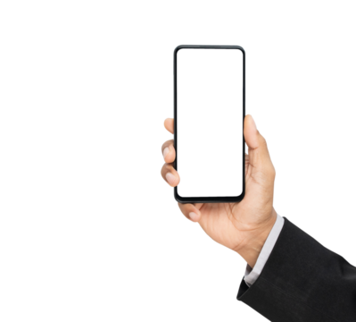 Hand holding the black smartphone with mockup of blank screen on isolated white background.