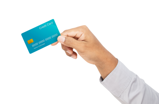 Businessman hand holding credit card on isolated white background.
