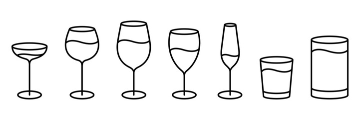 Water glass cup line icon. Glassware and Drinkware icons of beer, wine, alcohol, brandy, martini, champagne, milk, Cocktail, glasses royalty, Vector illustration isolated on transparent background.