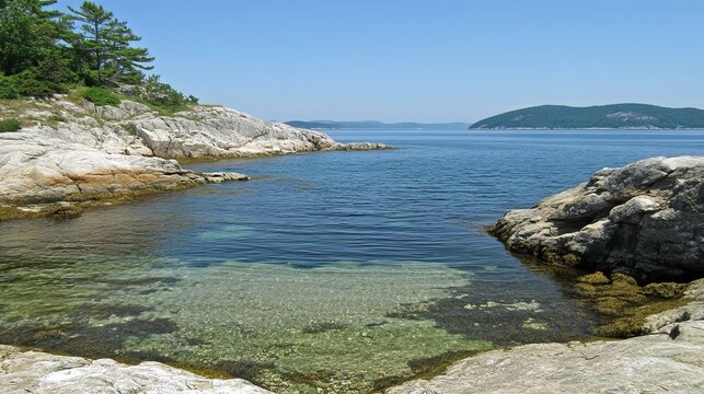 Serene coastal cove with crystal-clear water, rocky shores, and distant islands under a bright blue sky