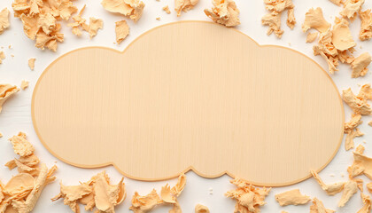 Wooden blank sign surrounded by wood shavings on white surface  