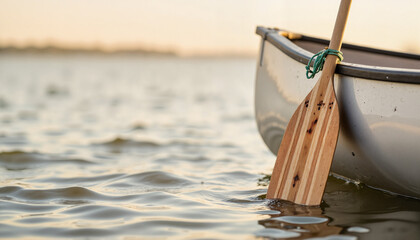 Wooden paddle resting beside boat on water at sunset