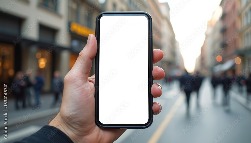Poster hand holds phone white blank screen mockup against blurred street background. concept of mobile app 