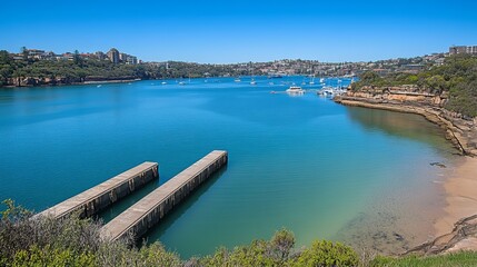 Fototapeta premium Serene coastal inlet with calm waters, sandy beach, and distant buildings under a clear blue sky. Two concrete piers extend into the water