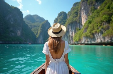 Woman in white dress and straw hat relaxes on boat, turquoise waters, clear skies, against island backdrop. Travel concept for Thailand. Vacation at Phi Phi islands. Freedom concept.