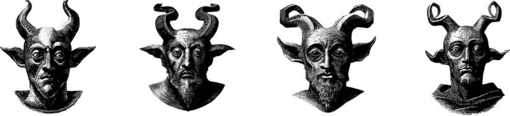 Fototapeta premium Portrait of a horned demon with hollow eyes and a solemn expression, minimalist vector design, woodcut-inspired style