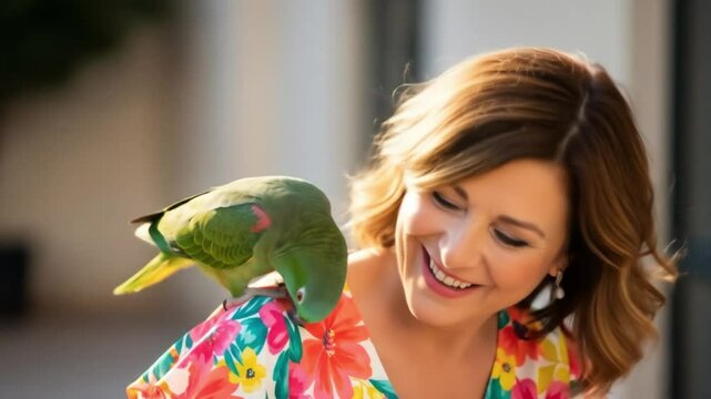 Woman with parrot pet friendship happy and colorful clothing